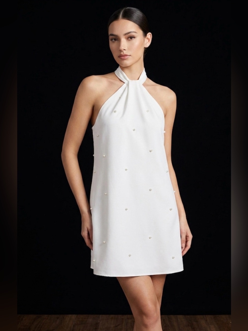 White Pearl-Accent Halter Mini Dress